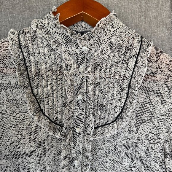 Vintage Y2K INC Silk Black White Lace Print Victorian Collar Long Sleeve Blouse - Picture 2 of 15